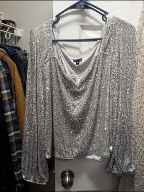 Silver Sequin Drape Neck Long Sleeve Blouse